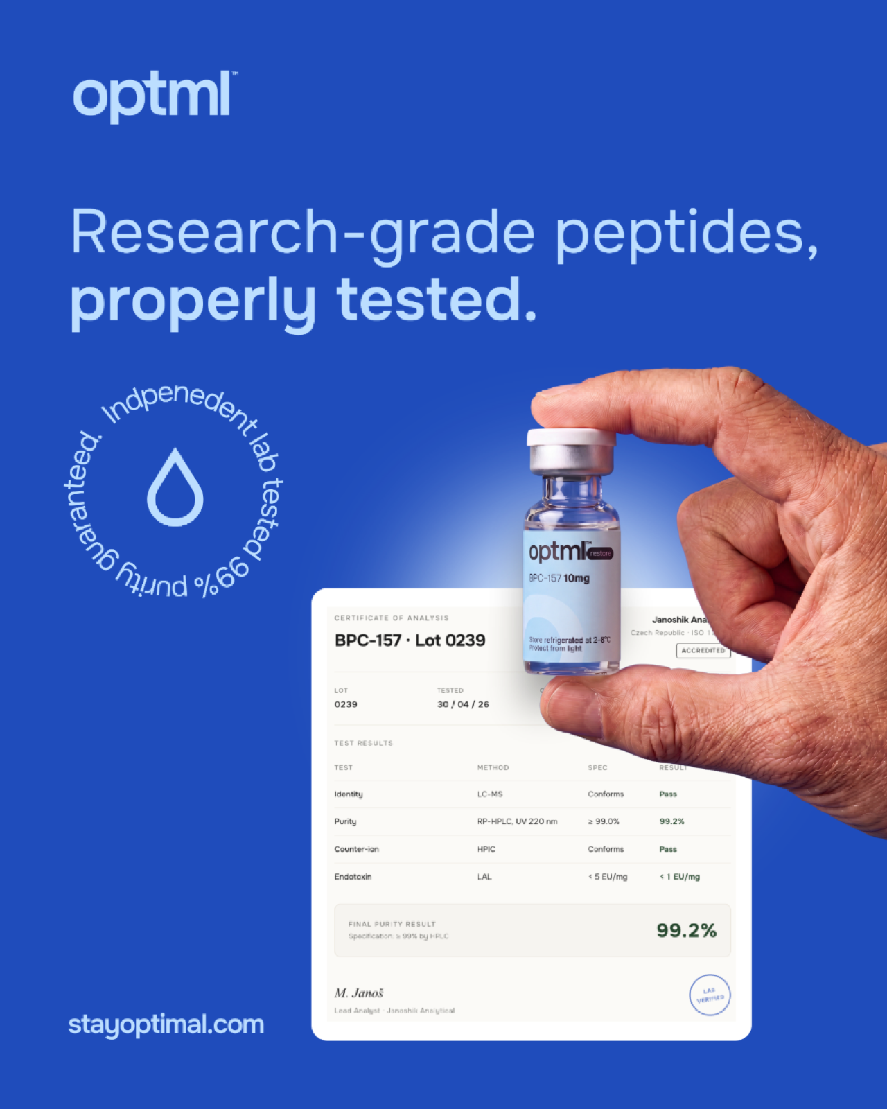 OPTML poster — research-grade peptides, properly tested: a hand holds a BPC-157 vial above its certificate of analysis showing 99.2% purity