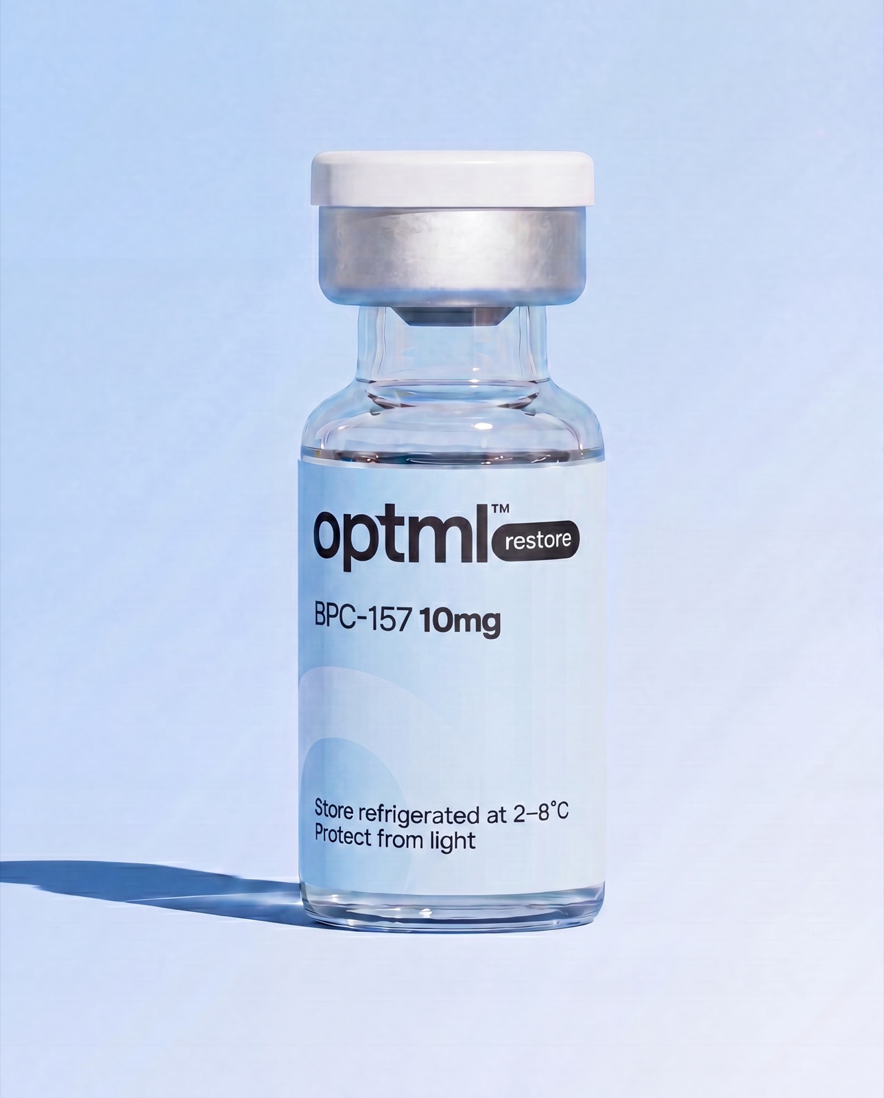 OPTML BPC-157 10mg research product on a blue studio background