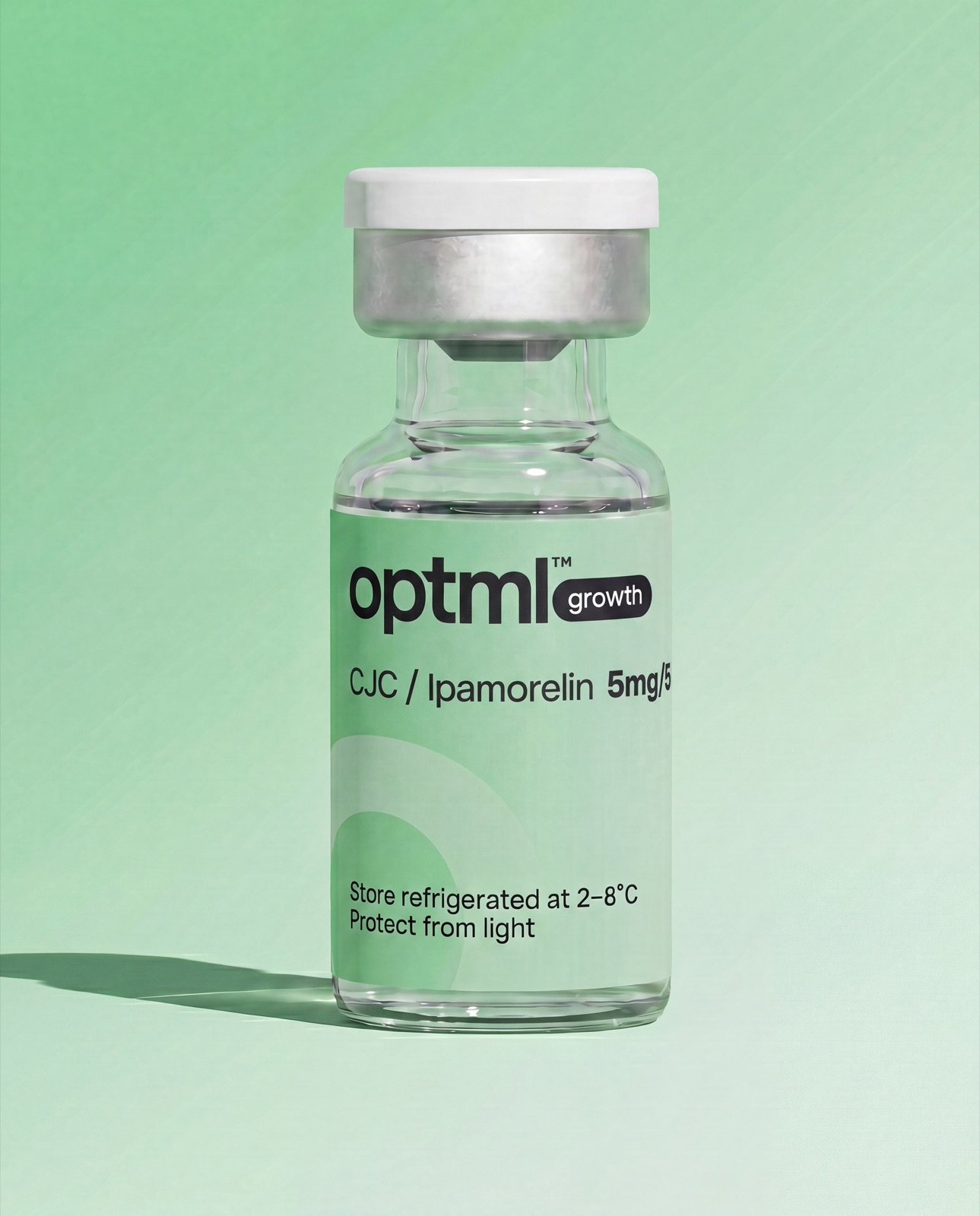 OPTML CJC-1295 and Ipamorelin research peptide vial on a green studio background
