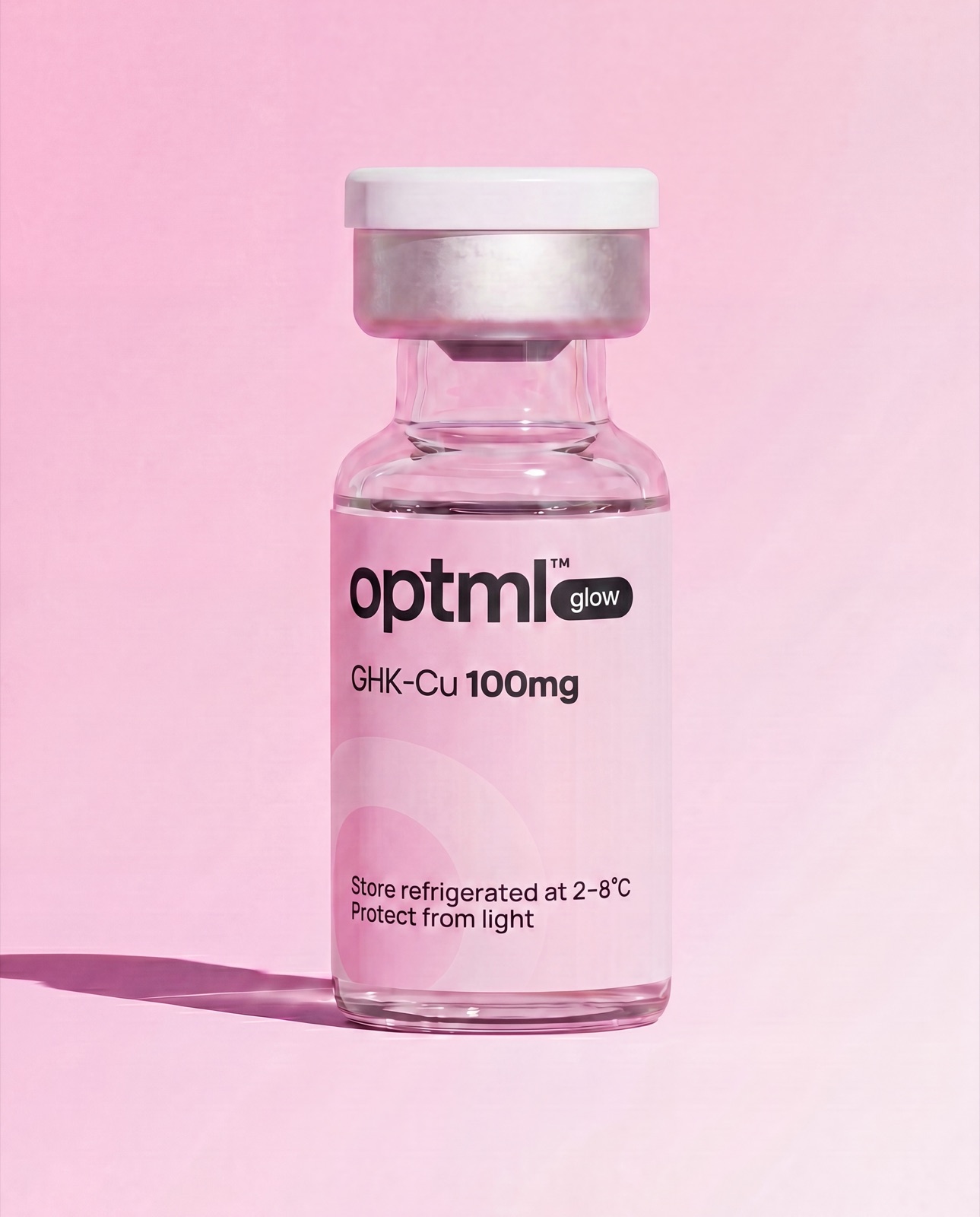 OPTML GHK-Cu 100mg research product on a pink studio background