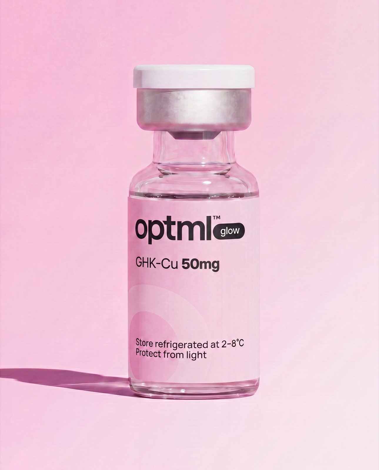 OPTML GHK-Cu 50mg research product on a pink studio background