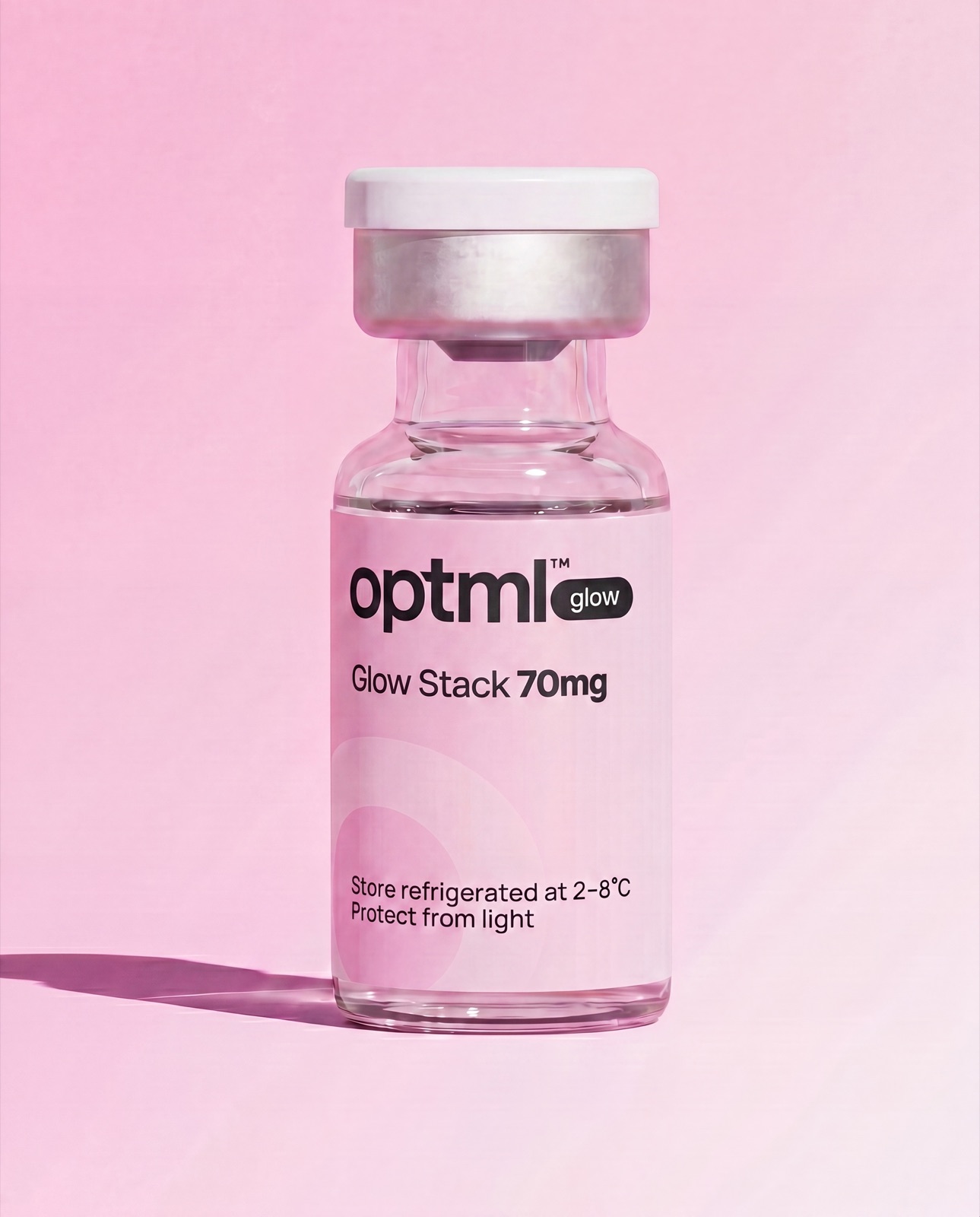 OPTML Glow Stack 70mg research product on a pink studio background