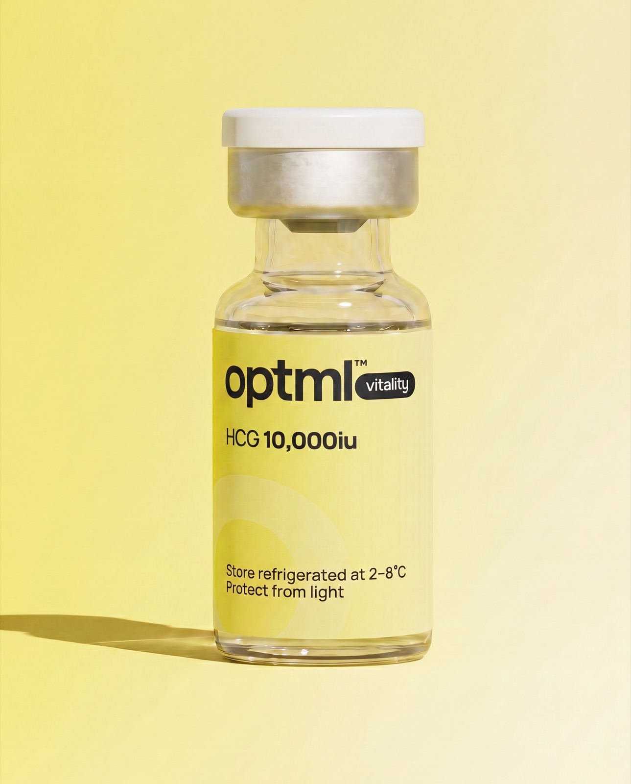 OPTML HCG 10,000iu research product on a yellow studio background