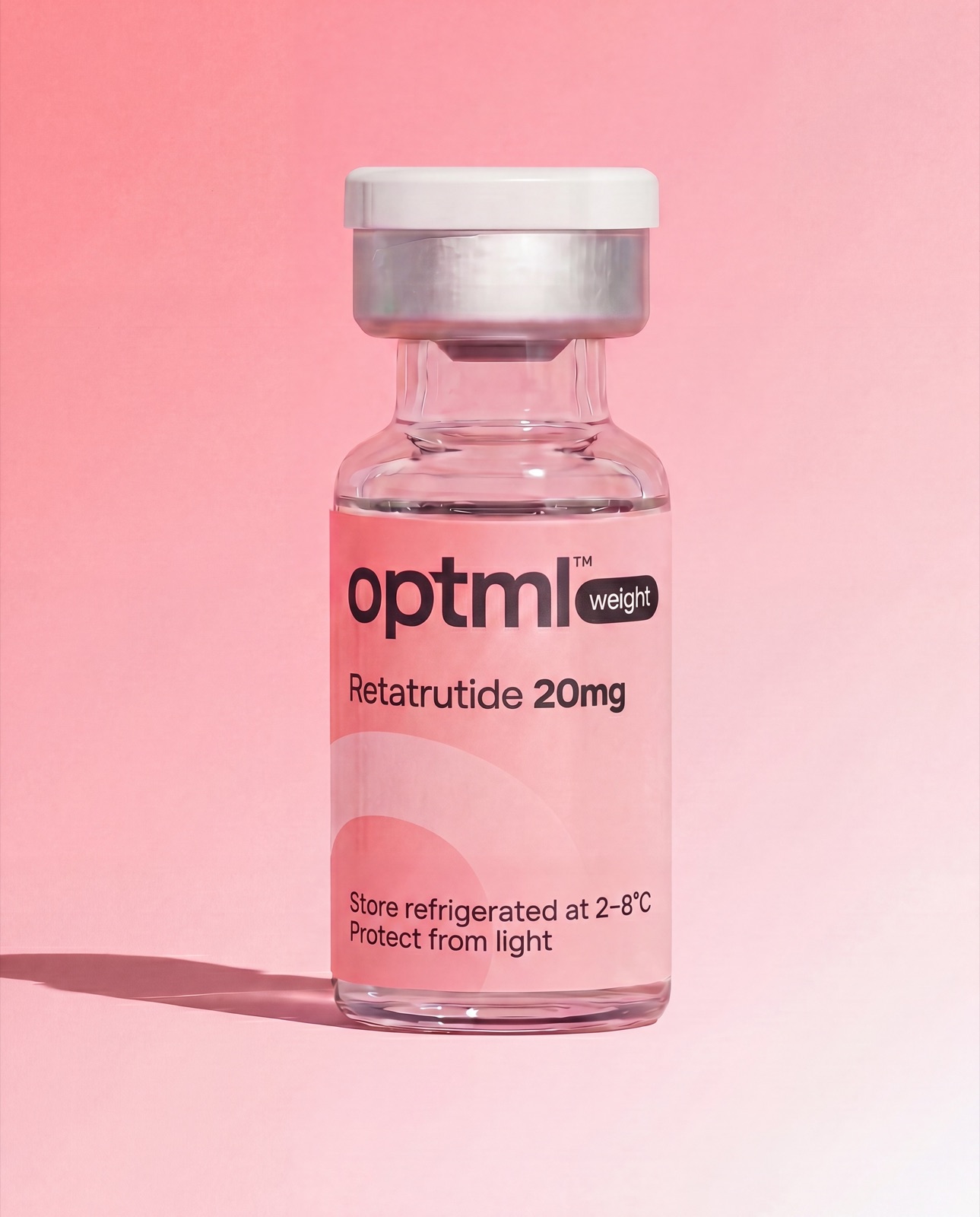 OPTML Retatrutide 20mg research product on a pink studio background