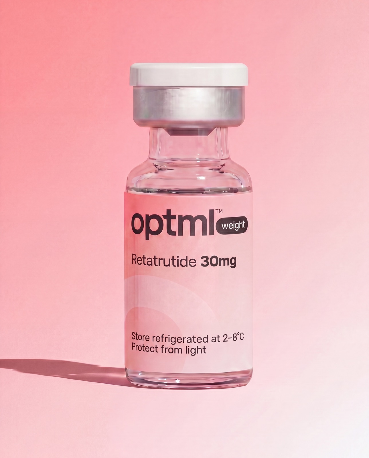 OPTML Retatrutide 30mg research product on a pink studio background