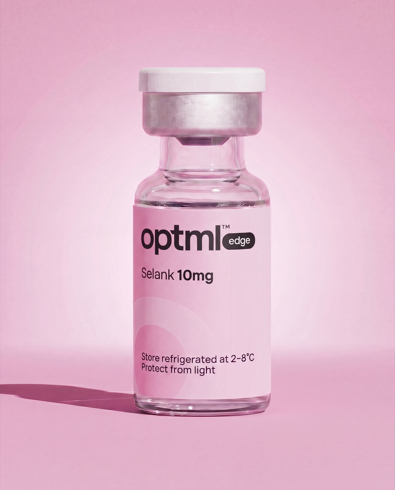 OPTML Selank 10mg research product on a pink studio background