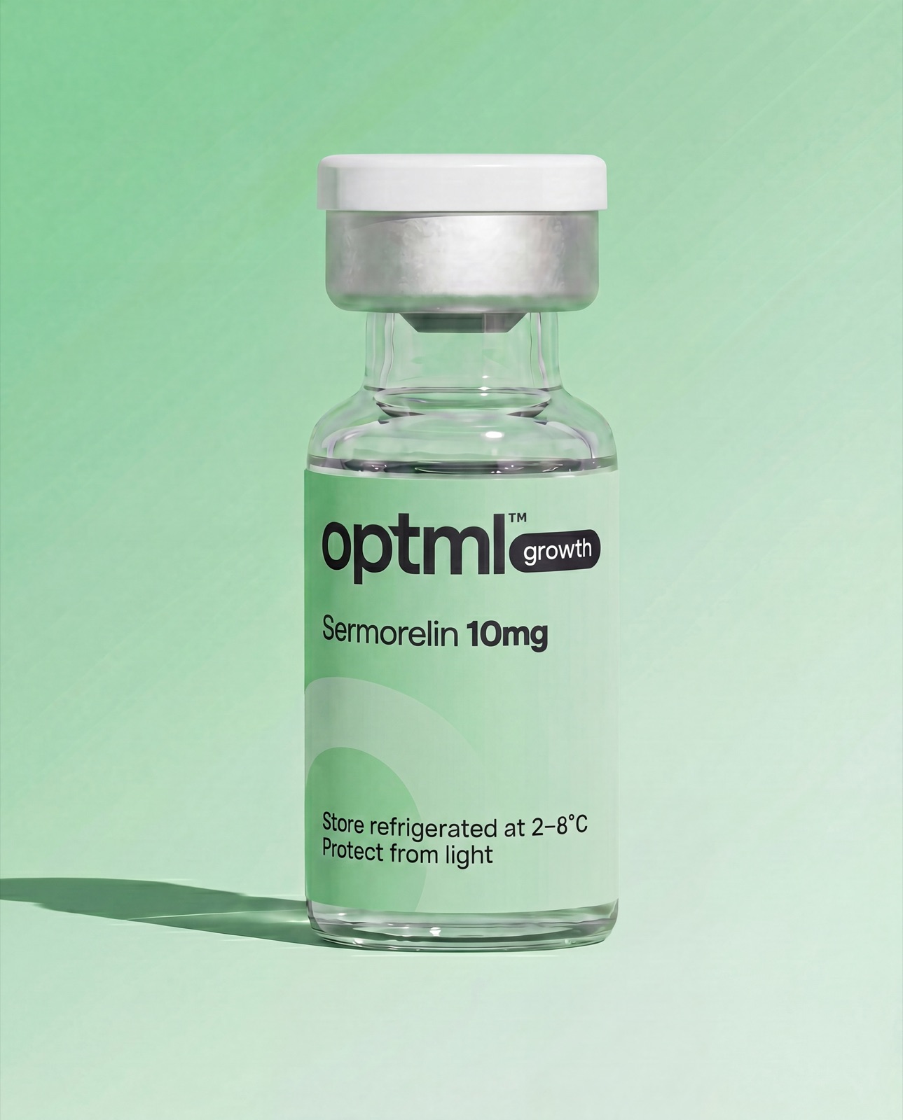 OPTML Sermorelin 10mg research product on a green studio background