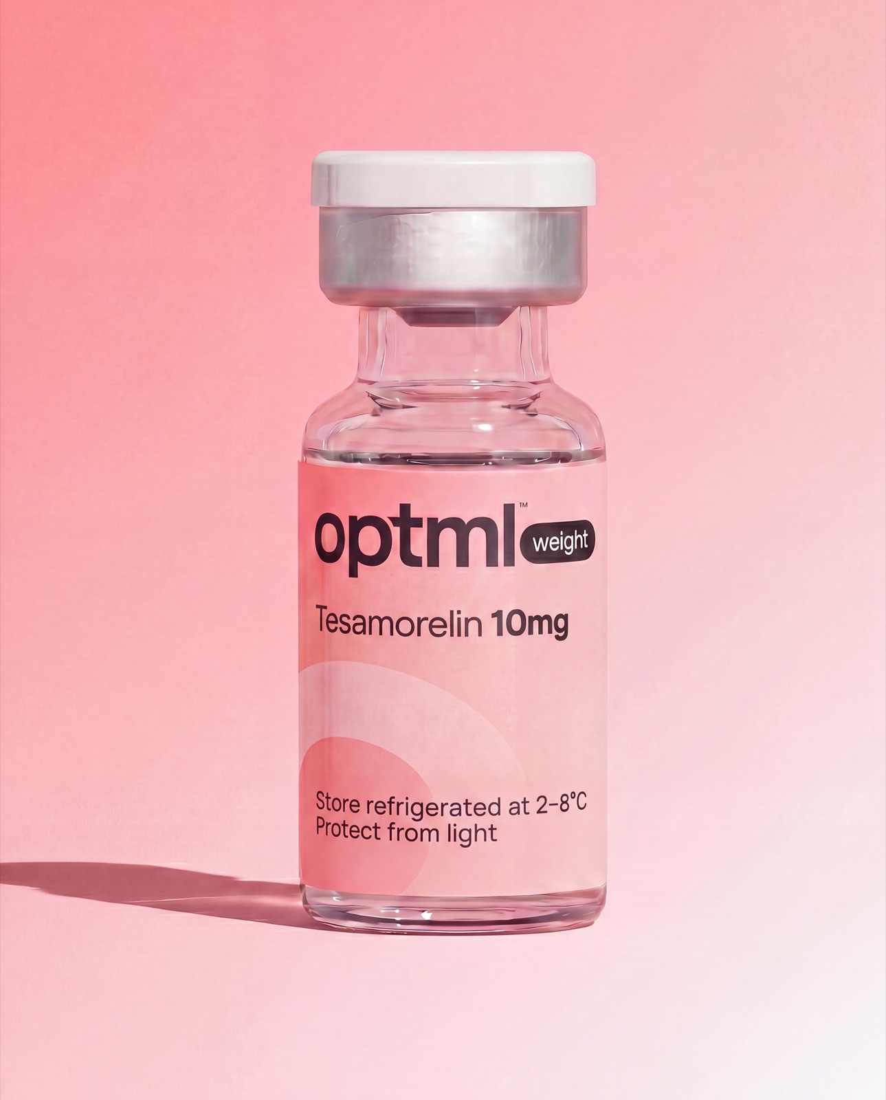 OPTML Tesamorelin 10mg research product on a pink studio background