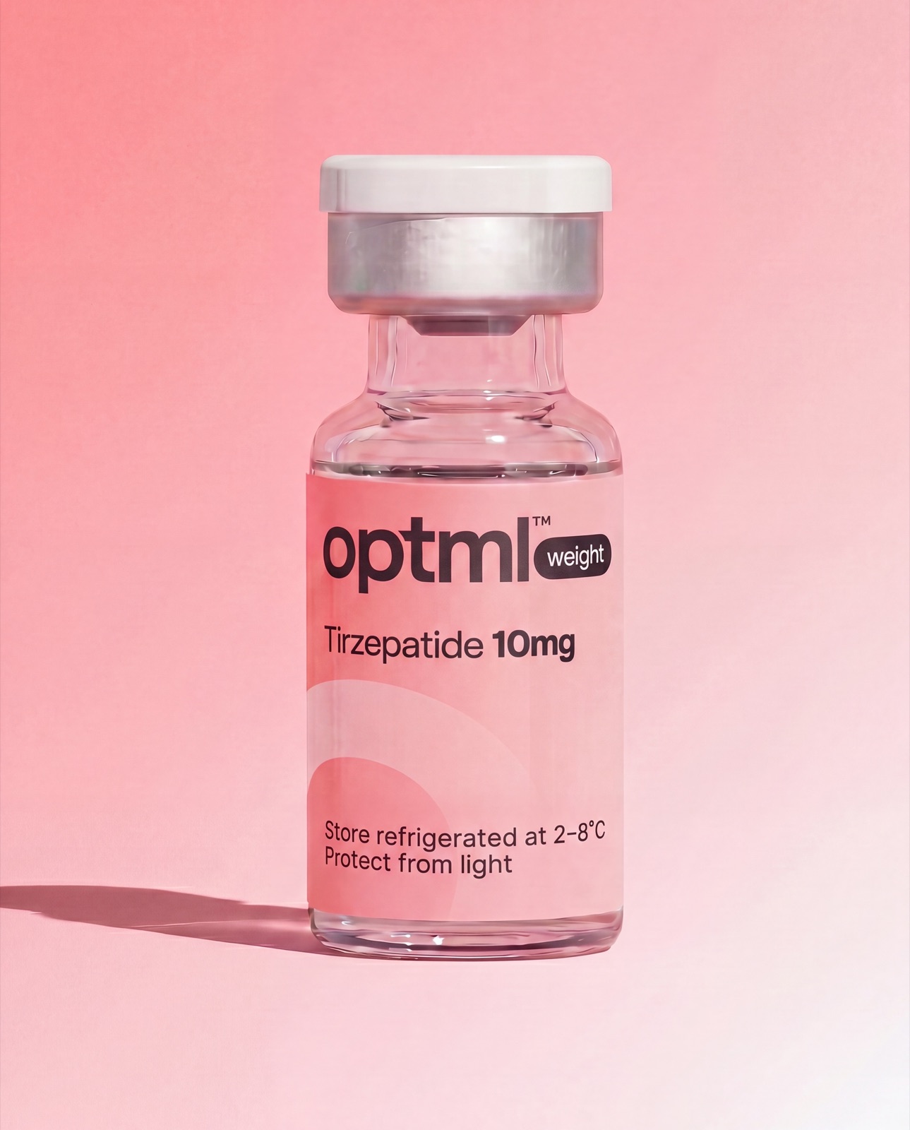 OPTML Tirzepatide research product on a pink studio background