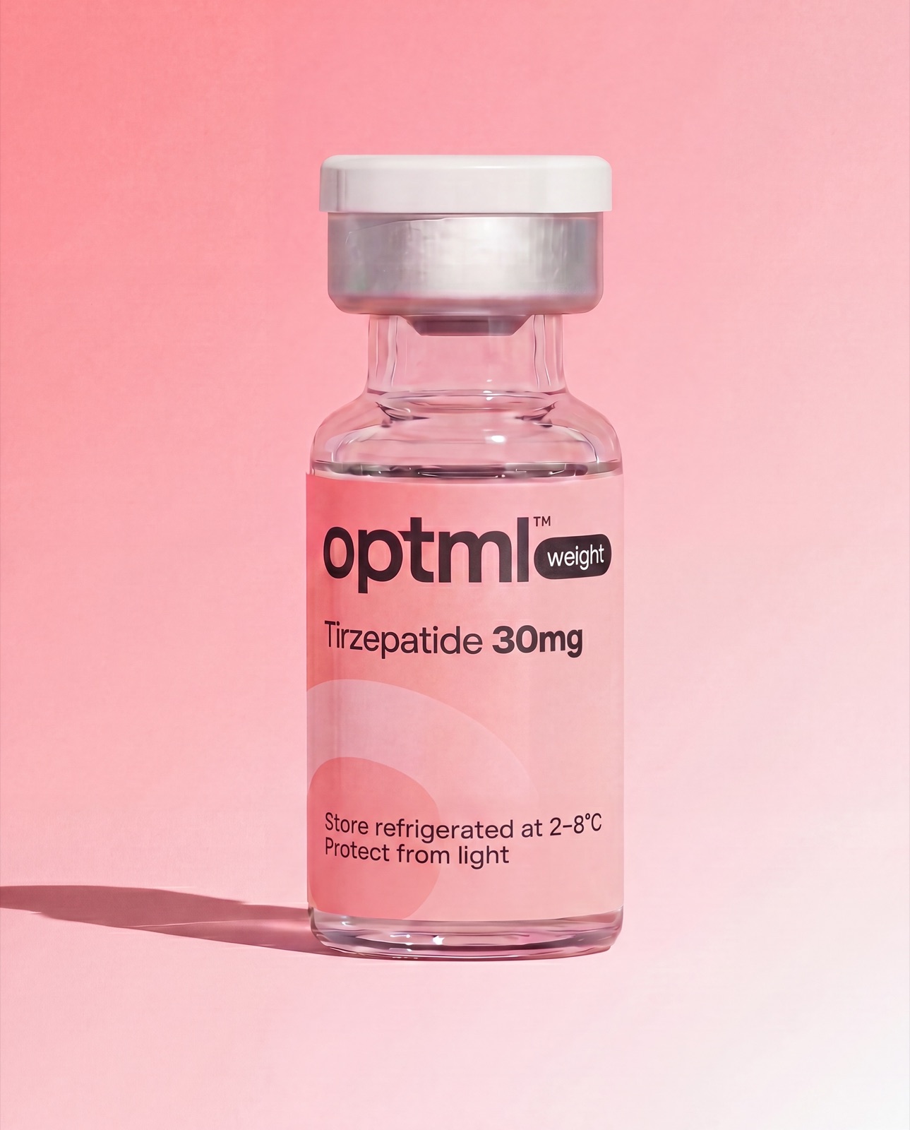OPTML Tirzepatide 30mg research product on a pink studio background