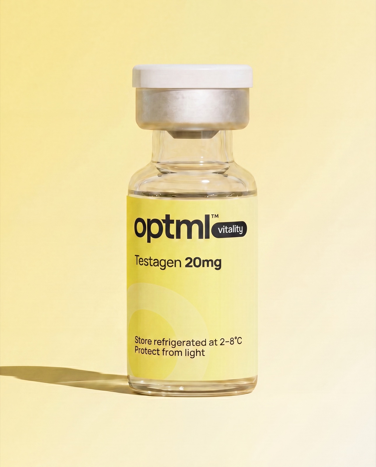 OPTML Testagen 20mg research product on a yellow studio background