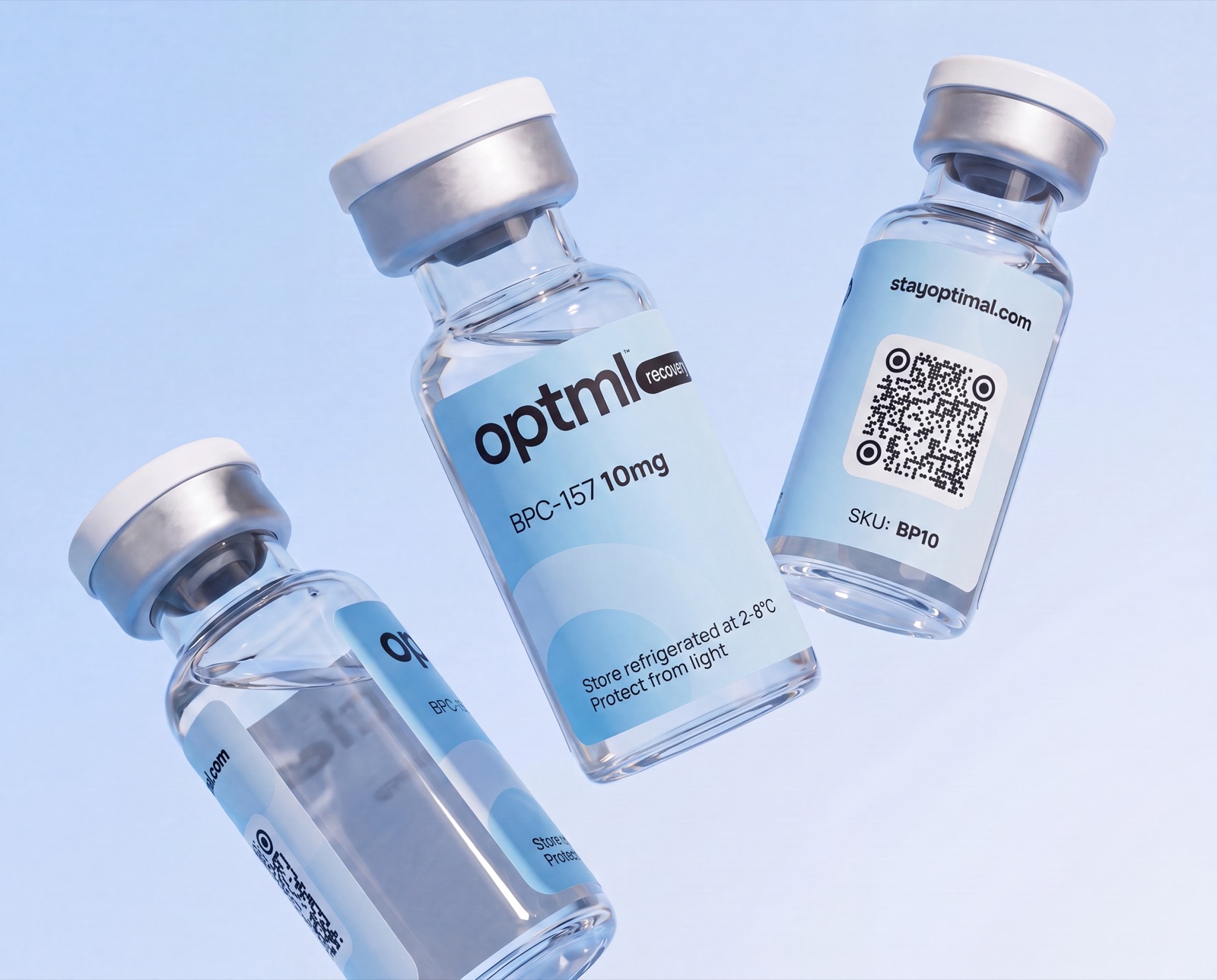 Three OPTML BPC-157 research peptide vials with QR-coded batch labels on a blue studio background