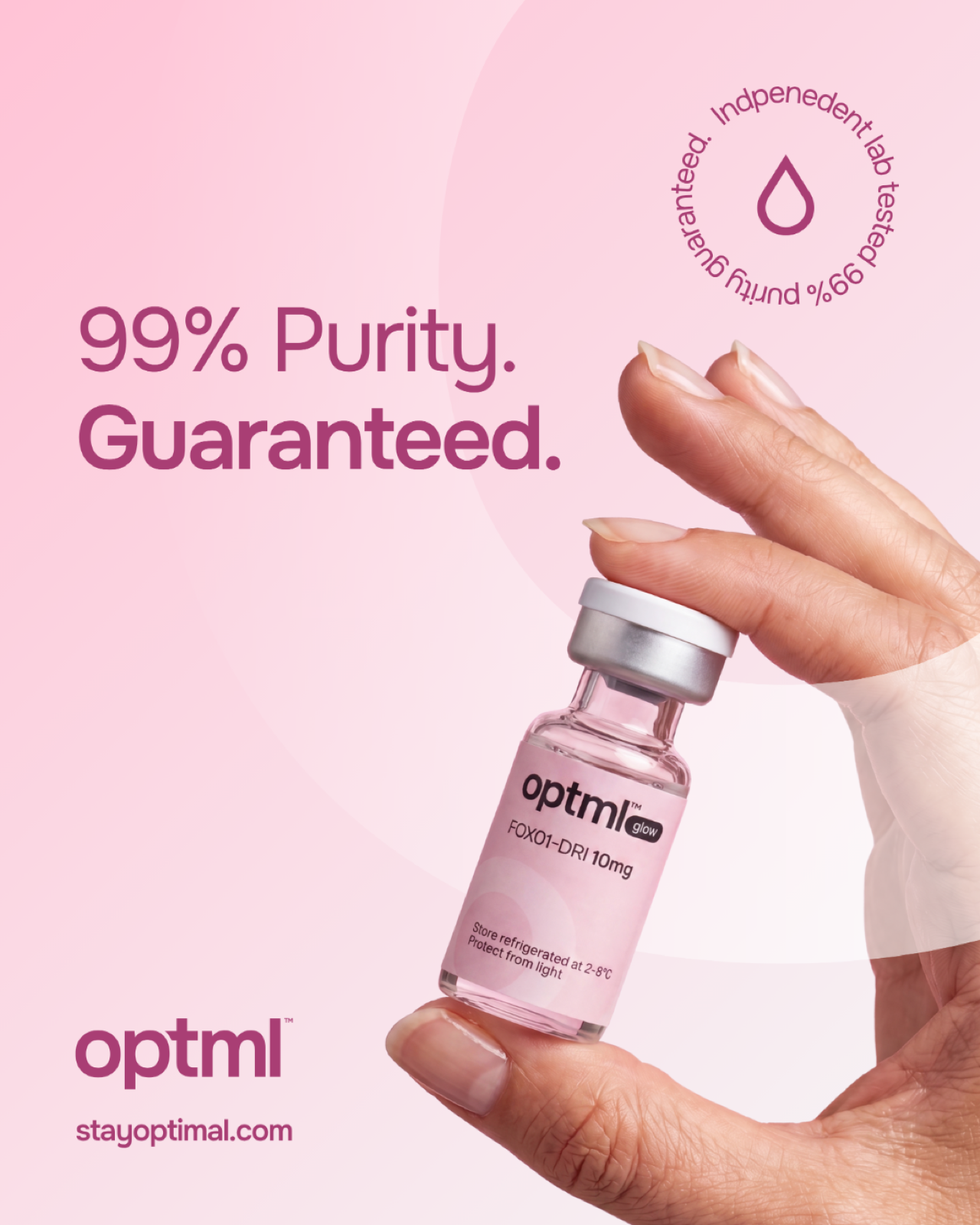 A hand holding an OPTML Glow vial — 99% purity, guaranteed, independent lab tested
